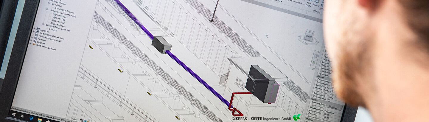 3D model of the Kochendorf fish ladder with lines and control cabinets shown